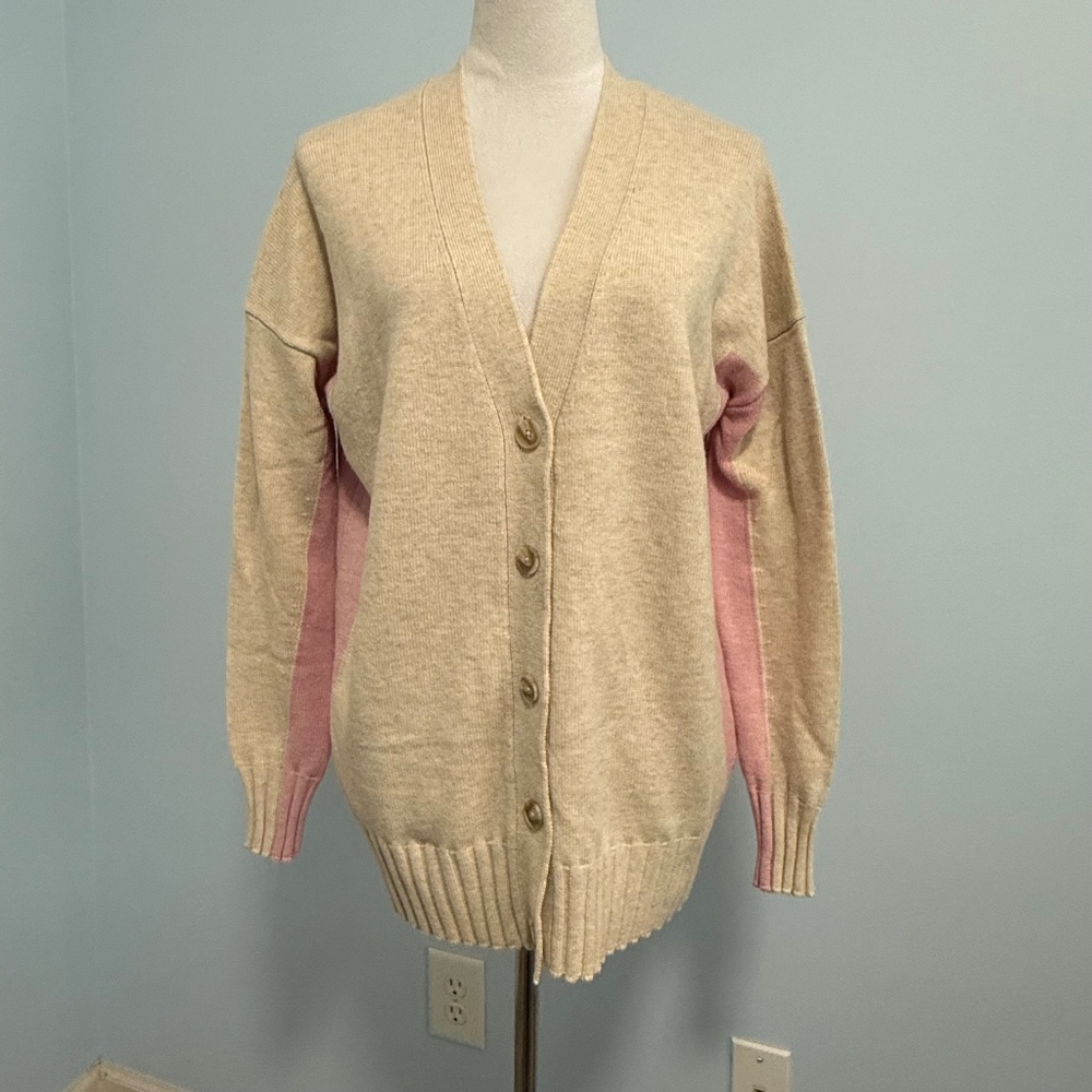 Boden Zia Longline‎ V-Neck Cardigan Beige Pink Colorblock Knit Size S